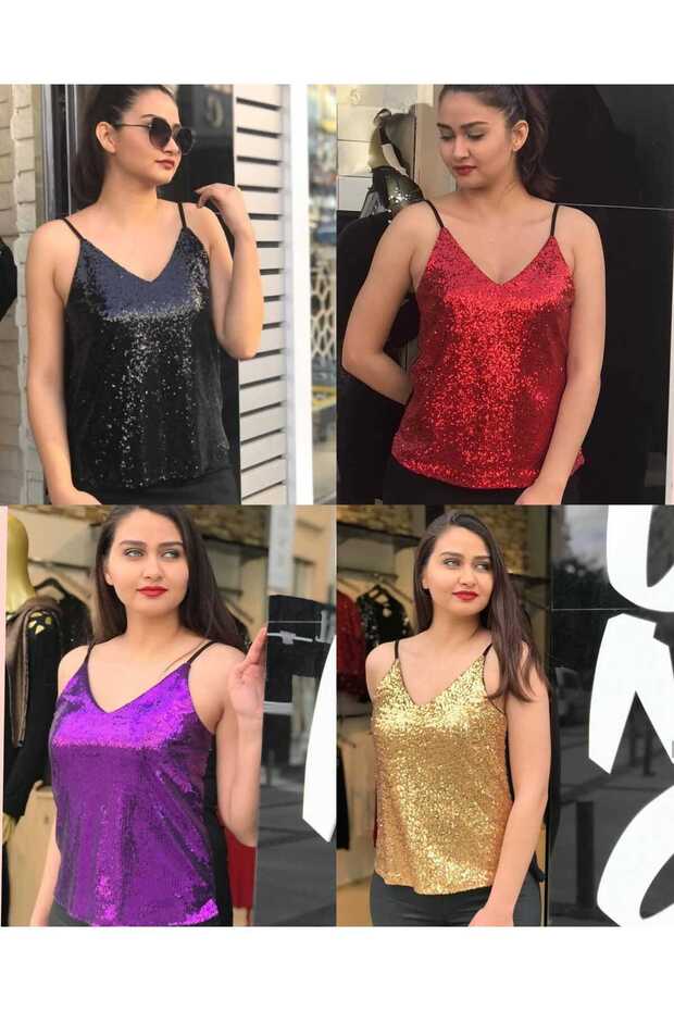 Kırmızı Askılı Payetli Bluz - 1