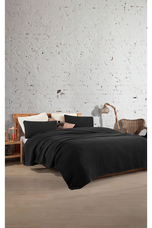 Siyah %100 Pamuk Waffle Tek Kişilik Saçaksız Yatak Örtüsü 160x240 Cm - 2