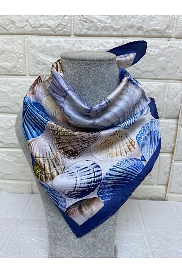 Blue Brown Muscle Shell Patterned Rayon Satin Scarf - New Year's Gift New Year's
