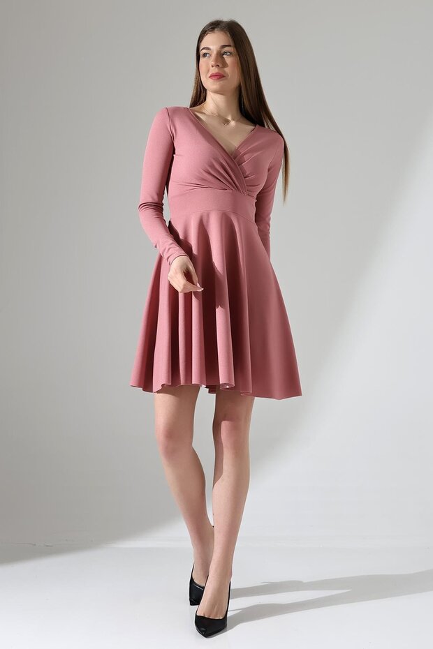 Pudra Kruvaze Yaka Krep Kumaş Uzun Kol Kloş Elbise - 2