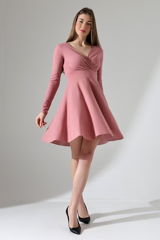 Pudra Kruvaze Yaka Krep Kumaş Uzun Kol Kloş Elbise - 1