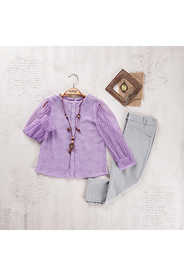 Gabardin Triple Set with Blush and Necklace with Gabardin Pants