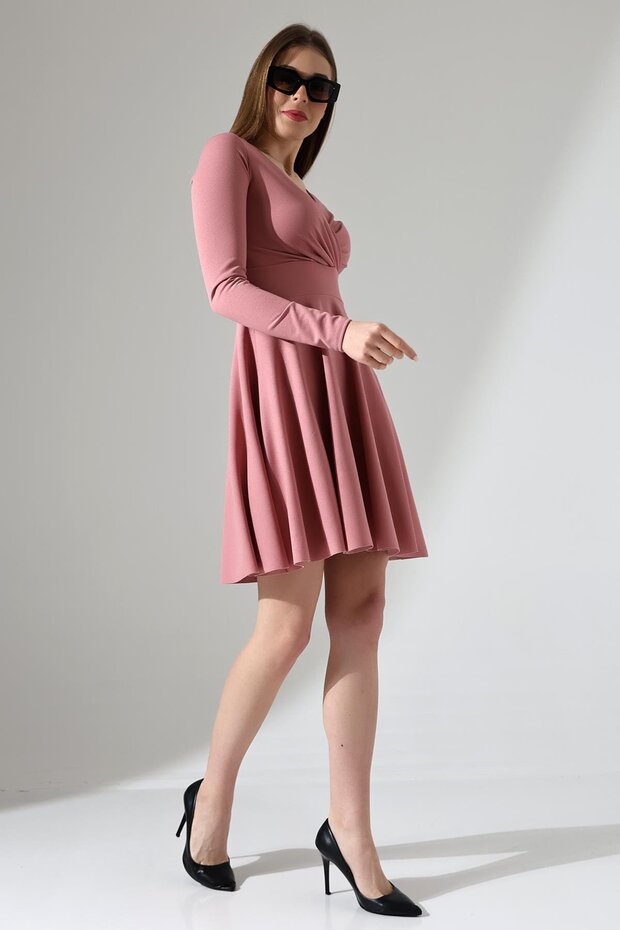 Pudra Kruvaze Yaka Krep Kumaş Uzun Kol Kloş Elbise - 7