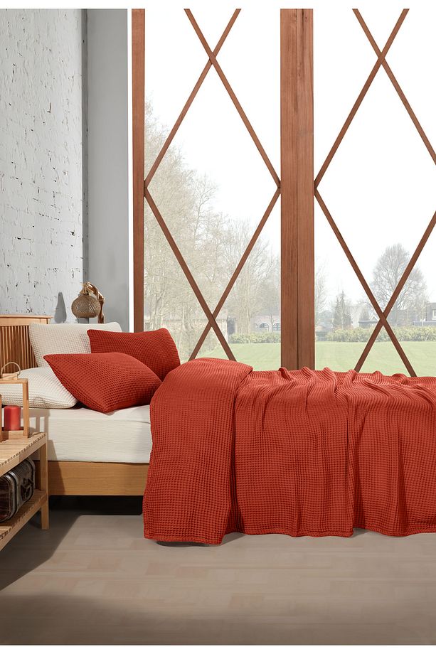 Koyu Kiremit %100 Pamuk Tek Kişilik 160x240cm Waffle Saçaksız Yatak Örtüsü/1 Adet 50x70cm Yastık - 5