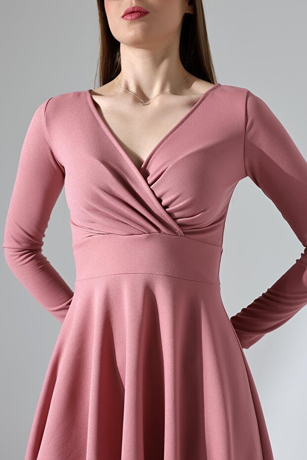 Pudra Kruvaze Yaka Krep Kumaş Uzun Kol Kloş Elbise - 5