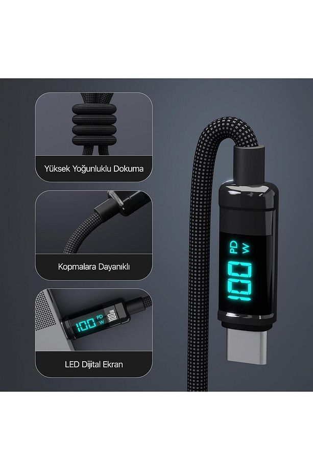 Type-c To Type-c 100w 480mbps E-marker Çipli Led Dijital Ekranlı Şarj Ve Data Kablosu 1 Metre Si - 4