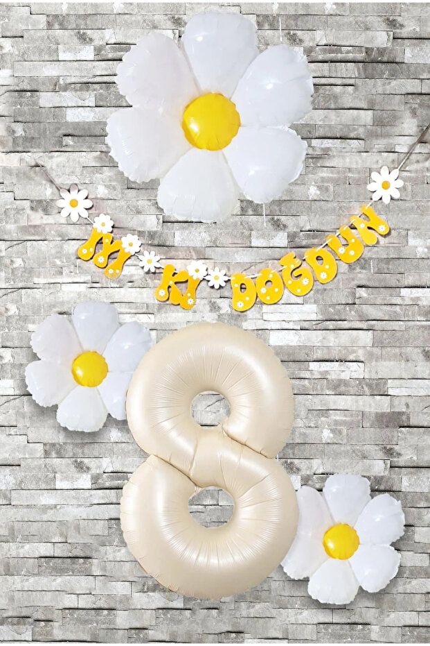 Set Balloons Beige 8 Years with Daisy Foil Balloon 5 Pieces