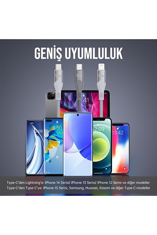 Type-c To Lightning Iphone 27w Örgülü Led Işıklı Şarj Ve Data Kablosu 1 Metre Gri - 7