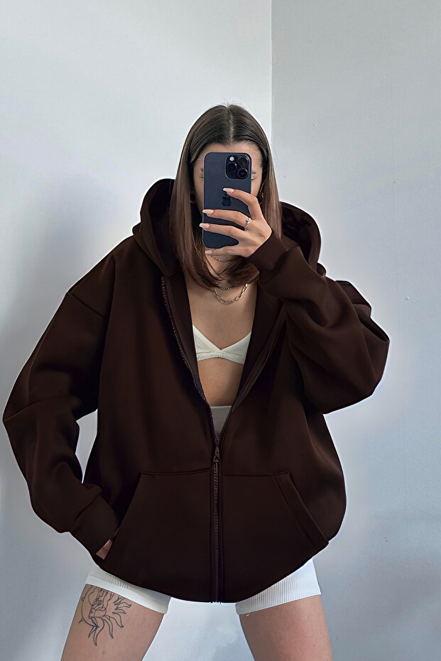 Women's Brown Zippered Oversize Kangaroo Pocket Cardigan