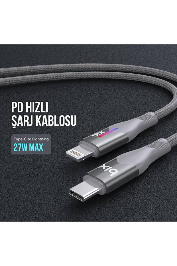 Type-c To Lightning Iphone 27w Örgülü Led Işıklı Şarj Ve Data Kablosu 1 Metre Gri - 6