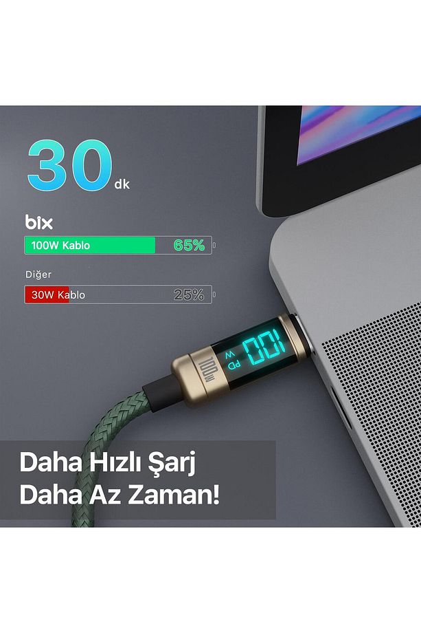 Type-c To Type-c 100w 480mbps E-marker Çipli Led Dijital Ekranlı Şarj Ve Data Kablosu 1 Metre Br - 2