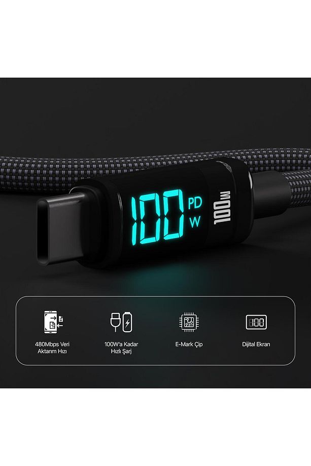 Type-c To Type-c 100w 480mbps E-marker Çipli Led Dijital Ekranlı Şarj Ve Data Kablosu 1 Metre Si - 2