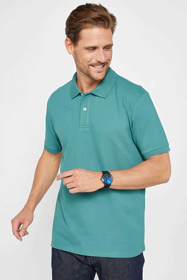 Men's Regular Fit Classic Cut 100% Cotton Plain Pique Green Polo Neck T-Shirt