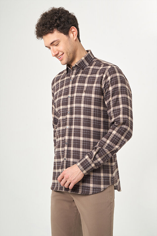 Regular Fit Uzun Kollu Kahve Flanel Erkek Gömlek - 4
