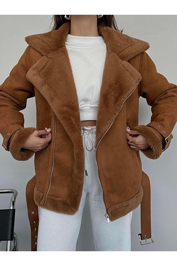 Furry Belted Long Suede Coat