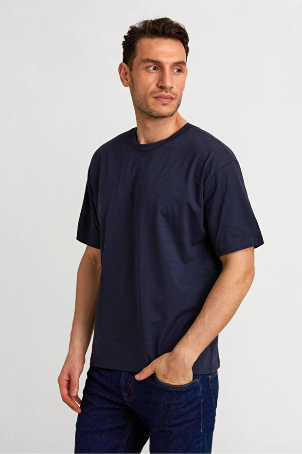 Basic Oversize Lacivert Erkek T-Shirt - 1