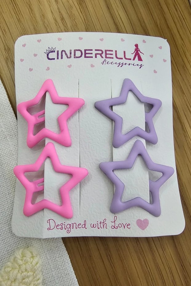Set of 4 Coated Matte Purple & Fuchsia Star Snap Clips - Girl's Star Snap Side Hair Clips