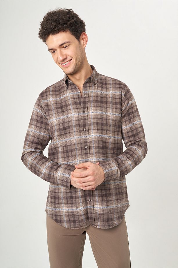 Regular Fit Uzun Kollu Kahve Flanel Erkek Gömlek - 1