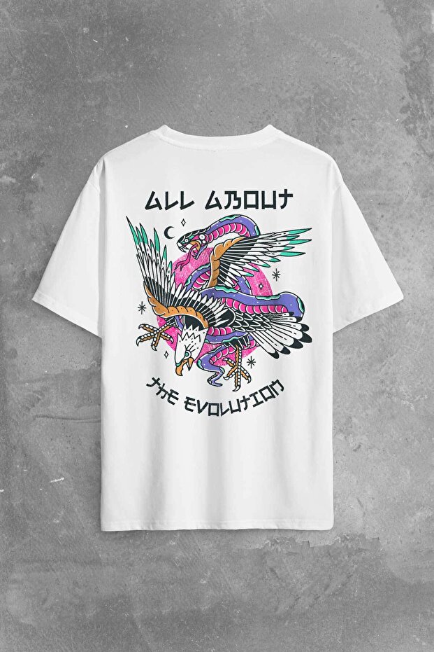 White Oversize T-Shirt - Eagle and Snake Printed