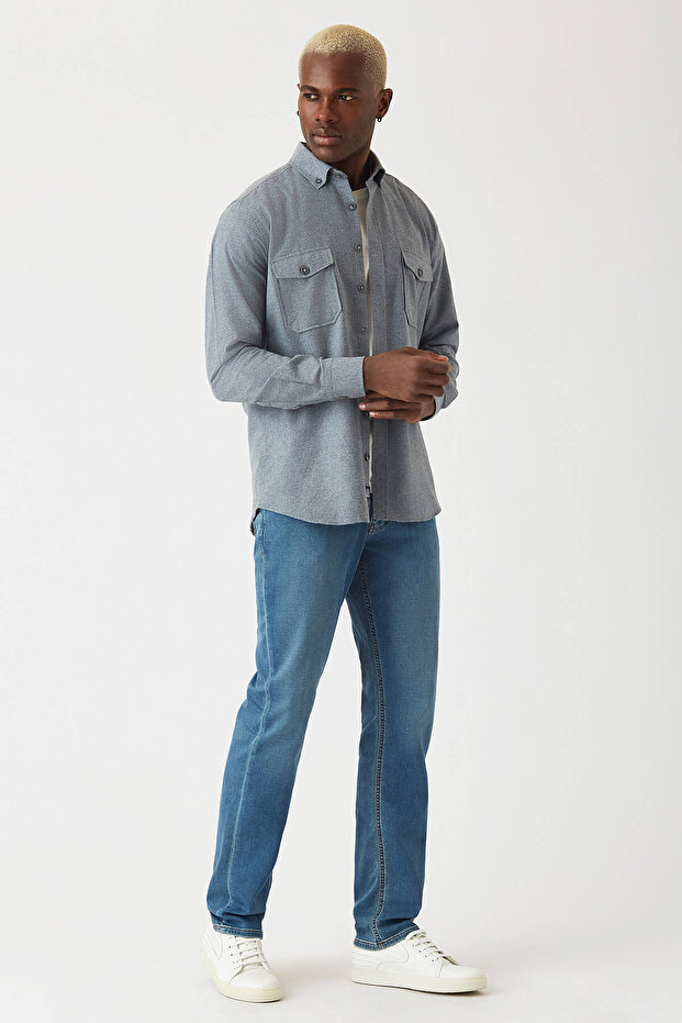 Regular Fit Uzun Kollu Lacivert Flanel Erkek Gömlek - 4