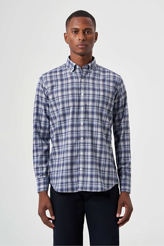 Regular Fit Uzun Kollu Flanel Ekoseli Lacivert Erkek Gömlek - 1