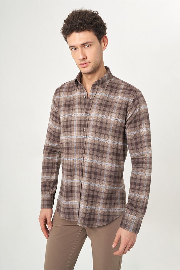 Regular Fit Uzun Kollu Kahve Flanel Erkek Gömlek - 4