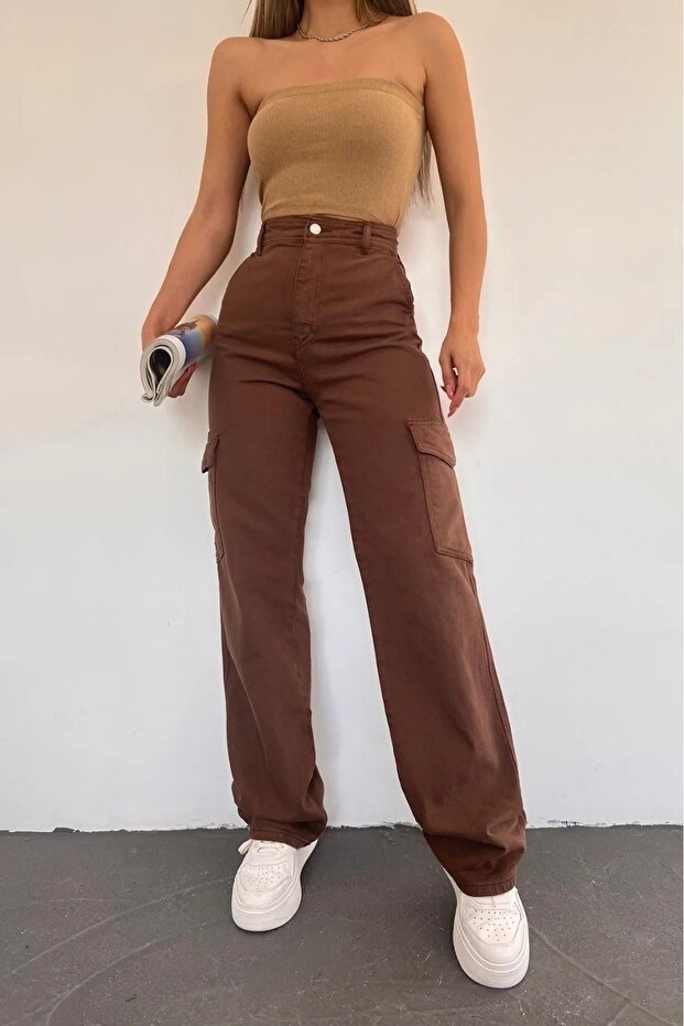 Bera Women's Brown Cargo Pocket Back Pocketless Extra High Waist Palazzo Jean Pants