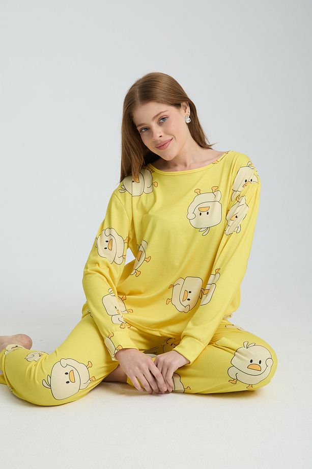 Rasa Sarı Pijama Takımı 3 Parça Alt Üst Bere Uzun Süper Soft Fnm - 4