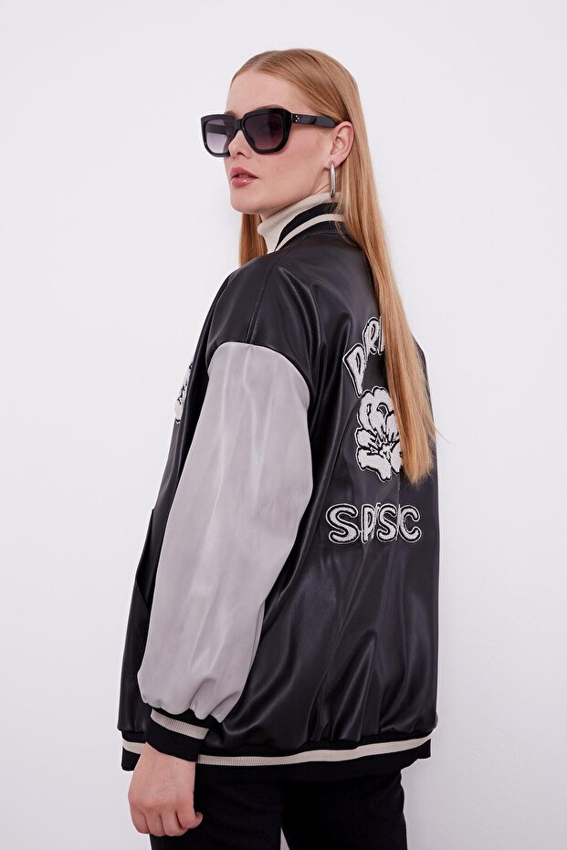 Siyah Nakış İşlemeli Bomber Ceket - 4