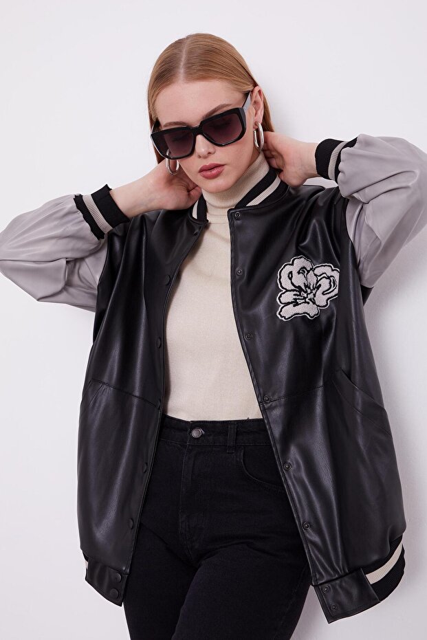 Siyah Nakış İşlemeli Bomber Ceket - 3