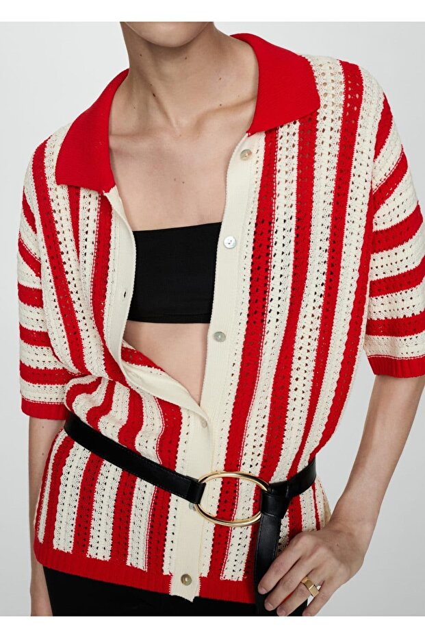 Çizgili ajur örgü hırka - 1