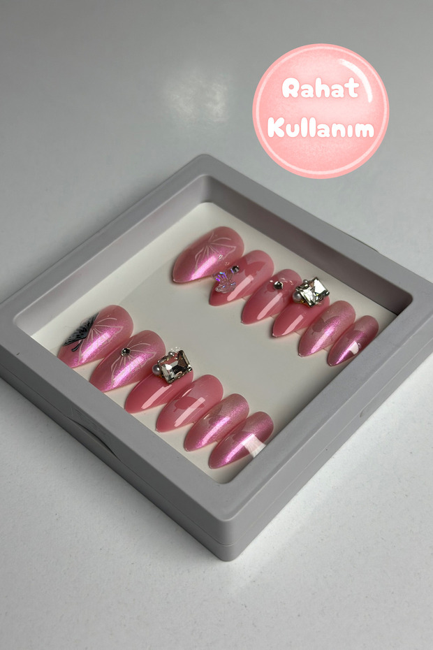 Pembe Taşlı Takma Tırnak (PROTEZ TIRNAK GÖRÜNÜMLÜ) - 2