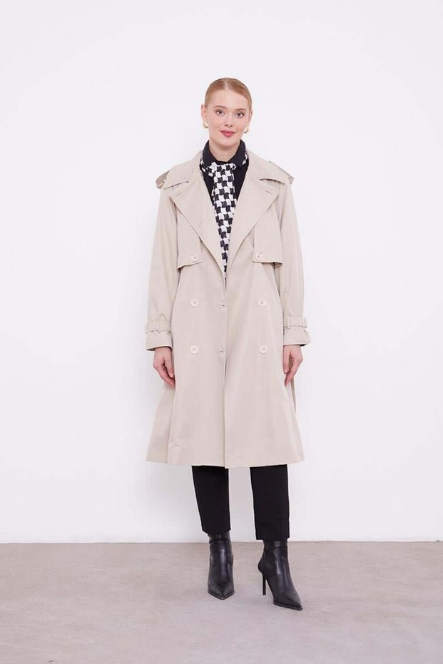 Beige Plaid Lined Trench Coat