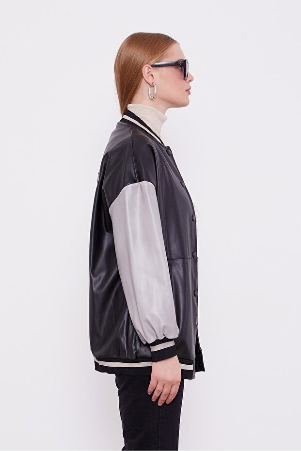 Siyah Nakış İşlemeli Bomber Ceket - 5