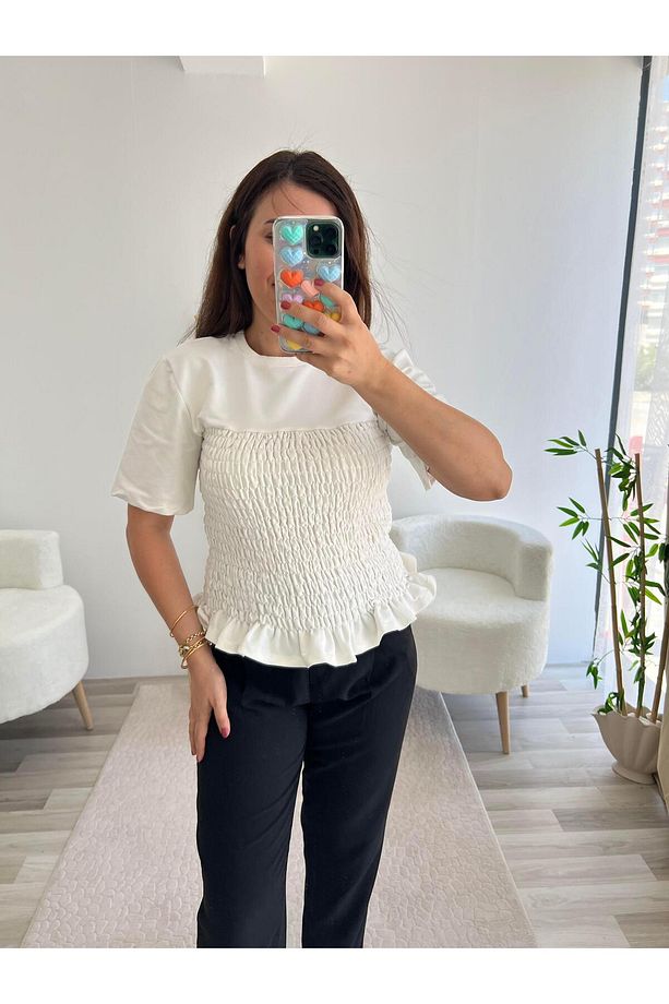 EKRU TOK DOKU ALTI VOLANLI BLUZ - 3