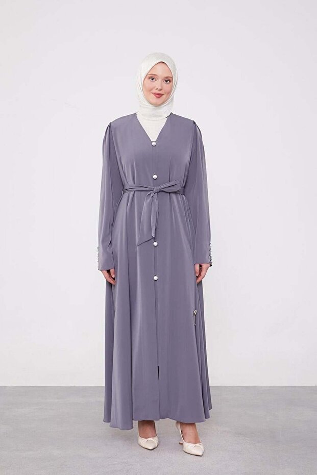 Anthracite Pearl Buttoned Belted Ferace