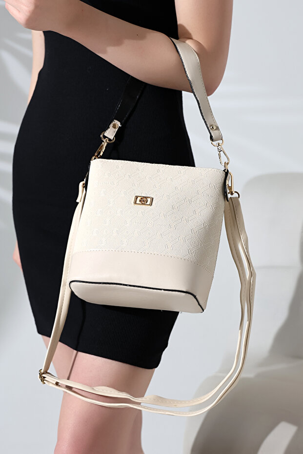 Cream Bucket Model Printed-Textured Women's Bag Single-Compartment Crisscross Straps Shoulder and Clutch Bag Stylish Modern