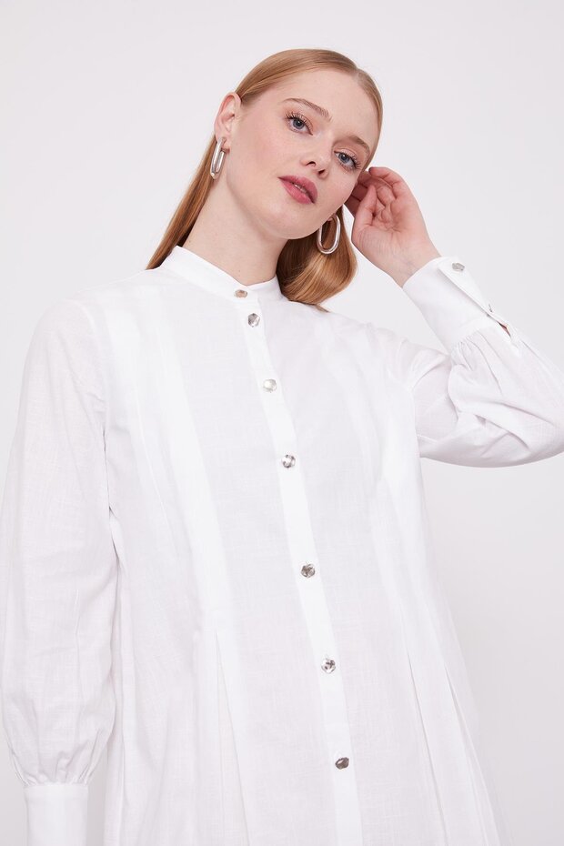 Beyaz Piliseli Melanj Gömlek - 4