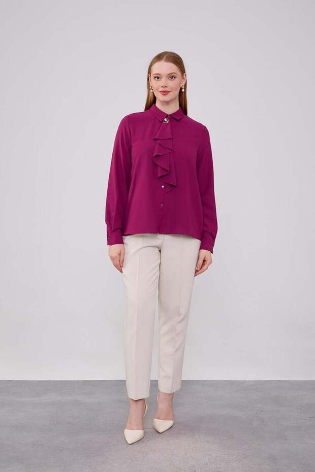 Fuchsia Collar Scarf Brooch Detailed Blouse