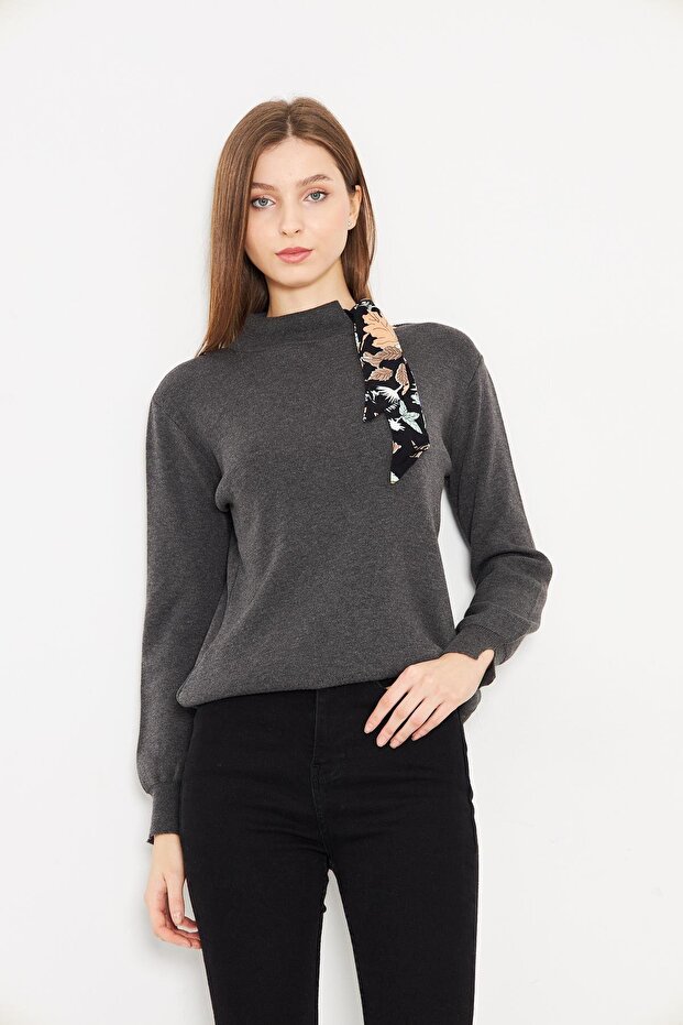 Crew Neck Scarf Knitwear Sweater Knitwear Blouse 1100 Anthracite