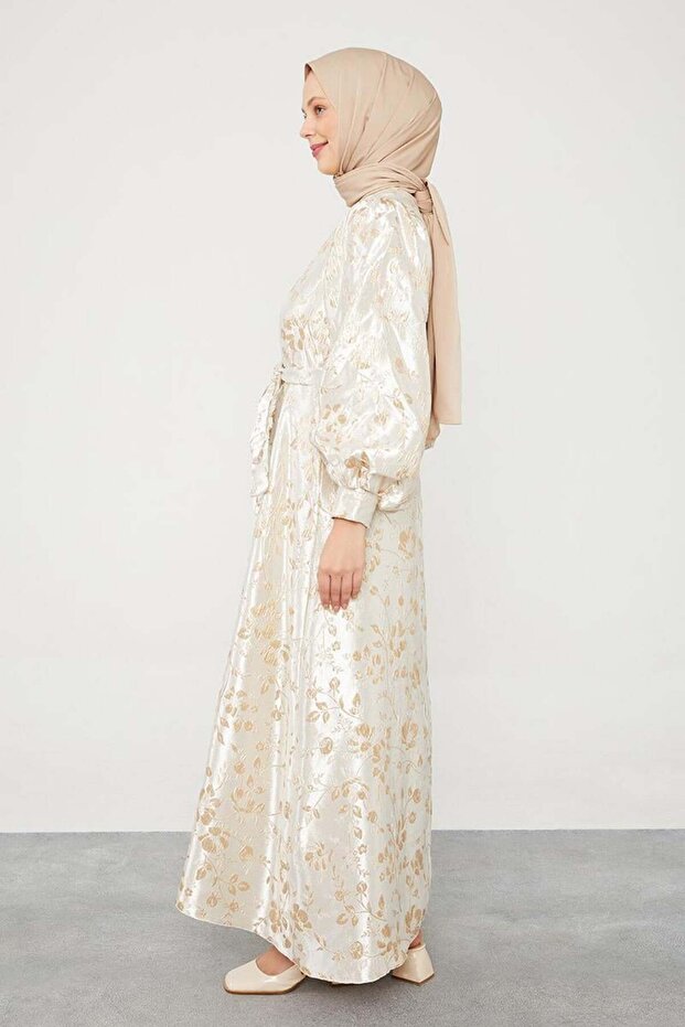 Bej Jakarlı Balon Kol Elbise - 5