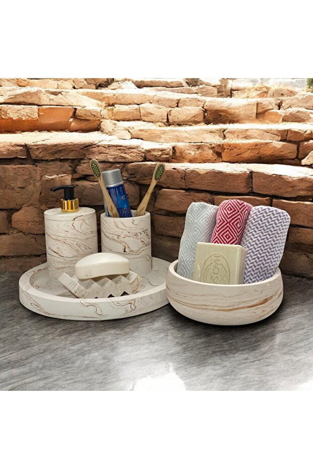 Elegan Bathroom Set with Marble Patterned Concrete Accessories (5 Pieces)
