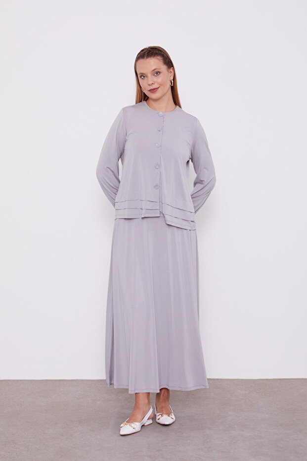 Gray Button Closure Skirt Suit