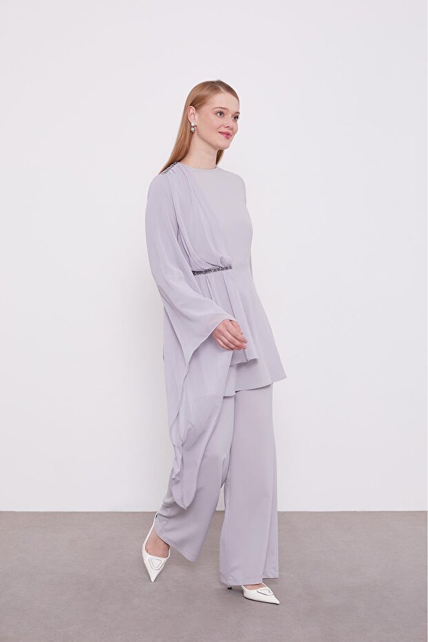Gray Stone Embroidered Chiffon Double Set