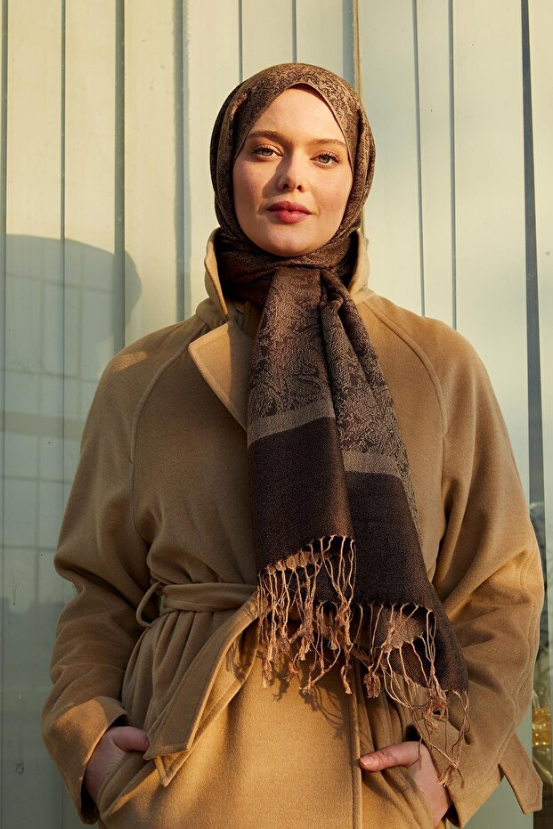 Ethnic Cashmere Silk Shawl with Mink Tassels