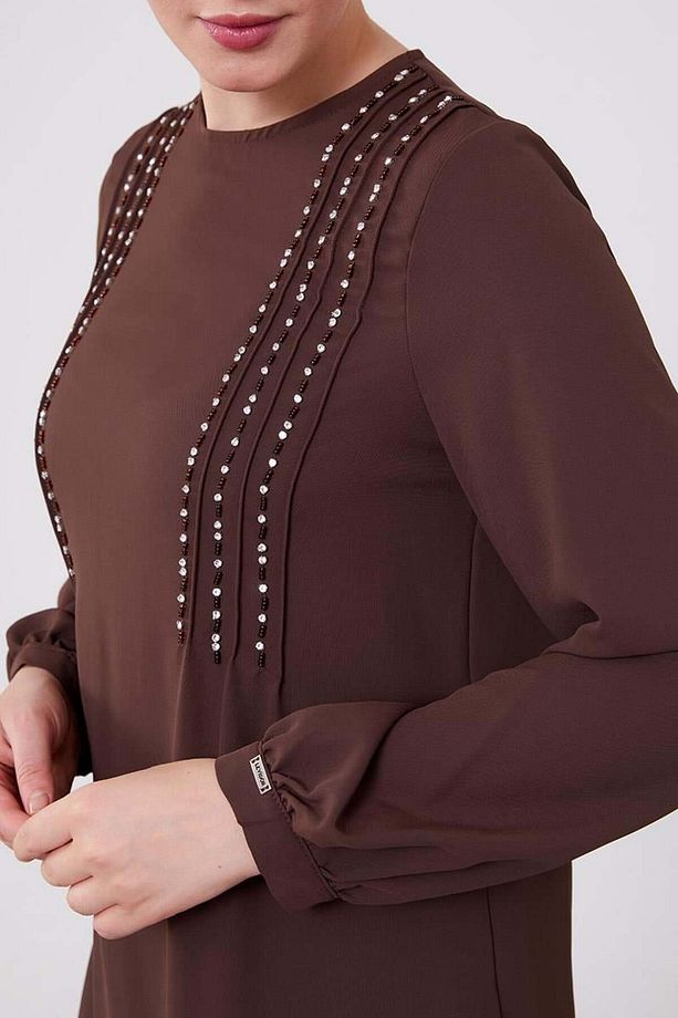 Acı Kahve Boncuk İşlemeli Tunik Takım - 5