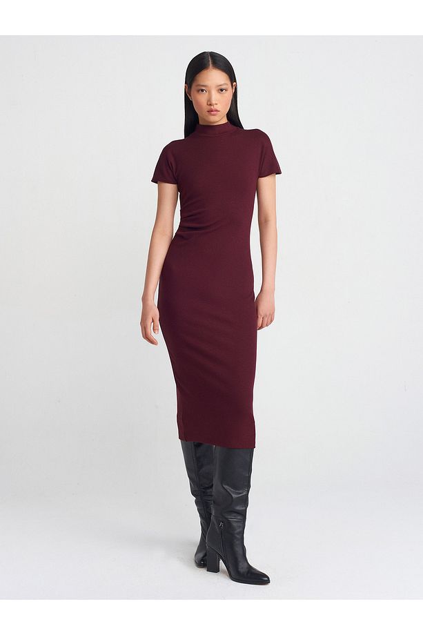 91297 Streç Örme Midi Elbise-Bordo - 3