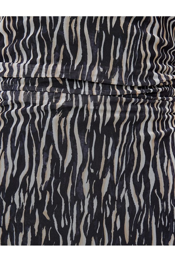 Straplez Elbise Midi Drapeli Kolsuz Zebra Desenli Mini Astarlı - 6