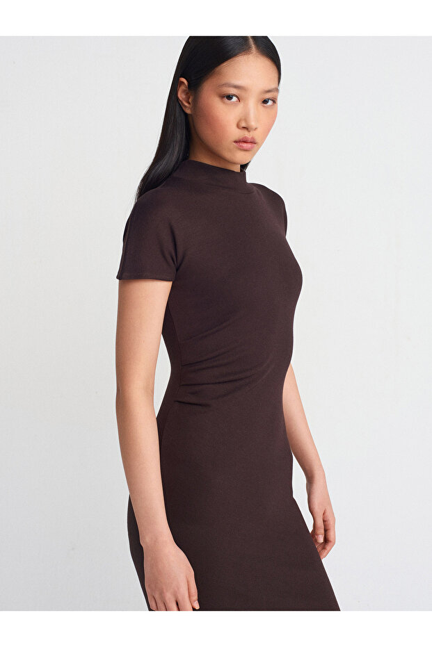 91297 Streç Örme Midi Elbise-Koyu Kahve - 3
