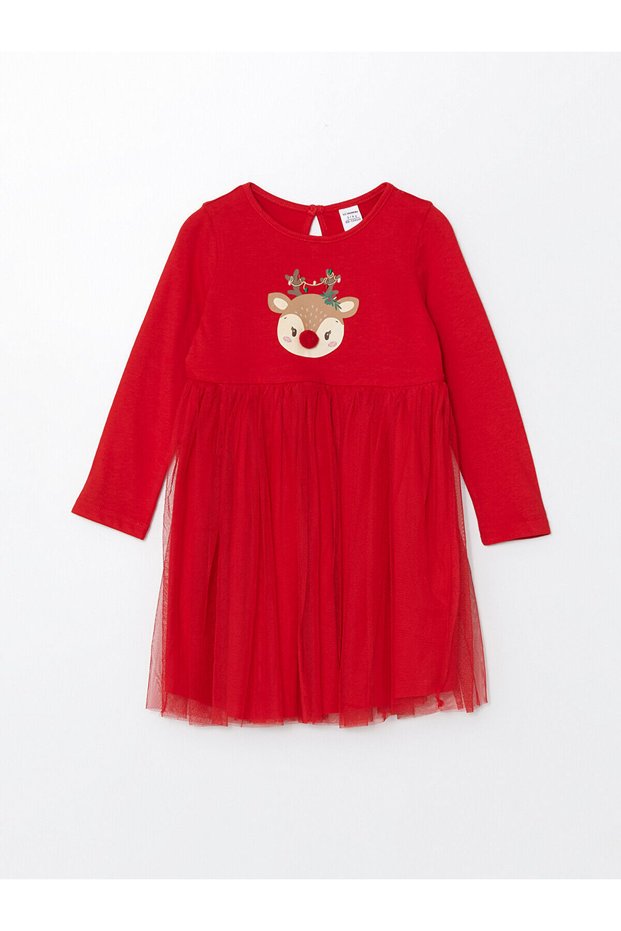 Lcw Kids Red Crew Neck Christmas Themed Girl's Dress